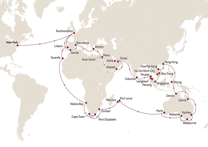 cunard world cruise itinerary